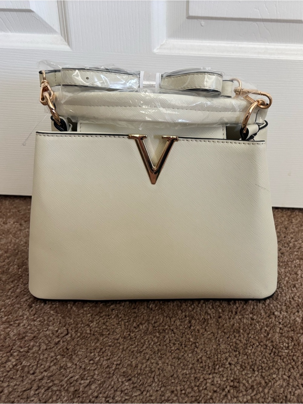 Women's White Top-Handle Crossbody Bag with Gold V Accent